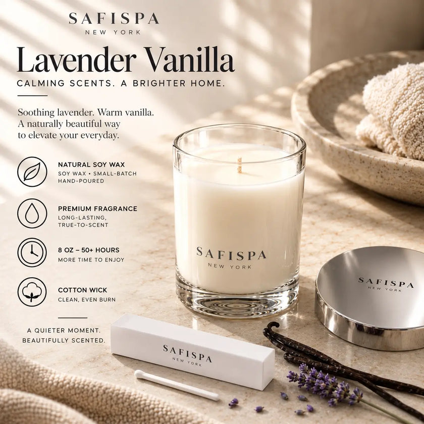 SaFiSpa Lavender Vanilla soy candle with natural soy wax, cotton wick, premium fragrance and 50+ hour burn time