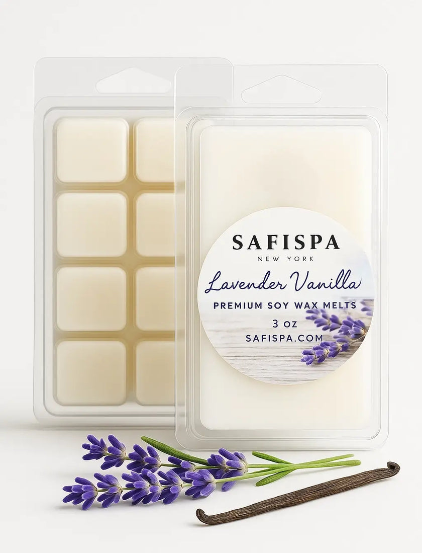  Lavender Vanilla wax melts packaging with lavender and vanilla beans on a white background