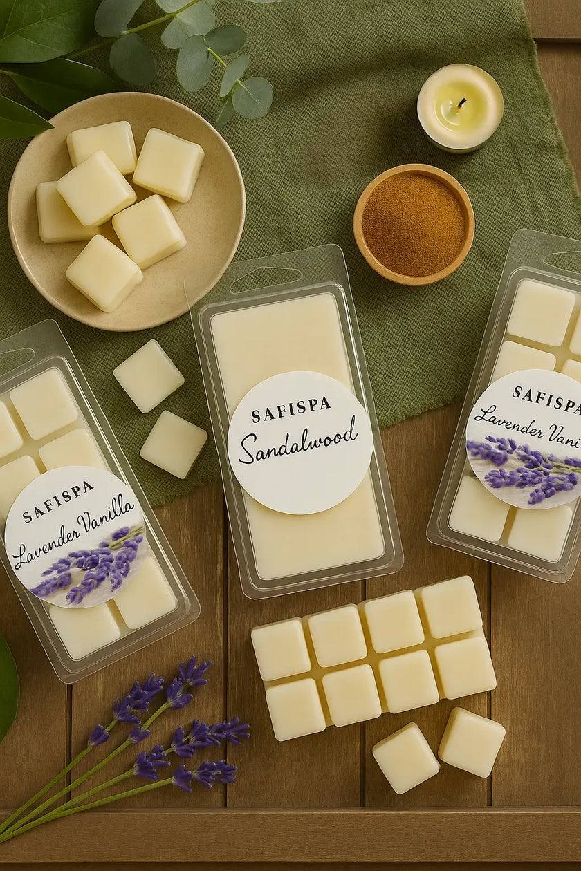 Safispa wax melts with packaging on a wooden surface with greenery.