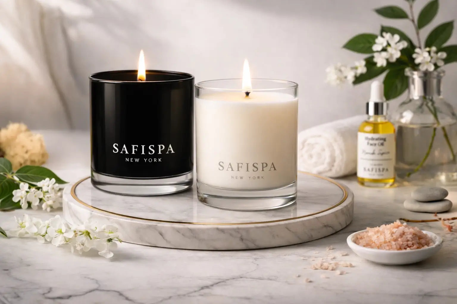 Luxury aromatherapy candle gift set featuring two SafiSpa New York soy candles styled on a marble tray in an elegant spa-inspired setting