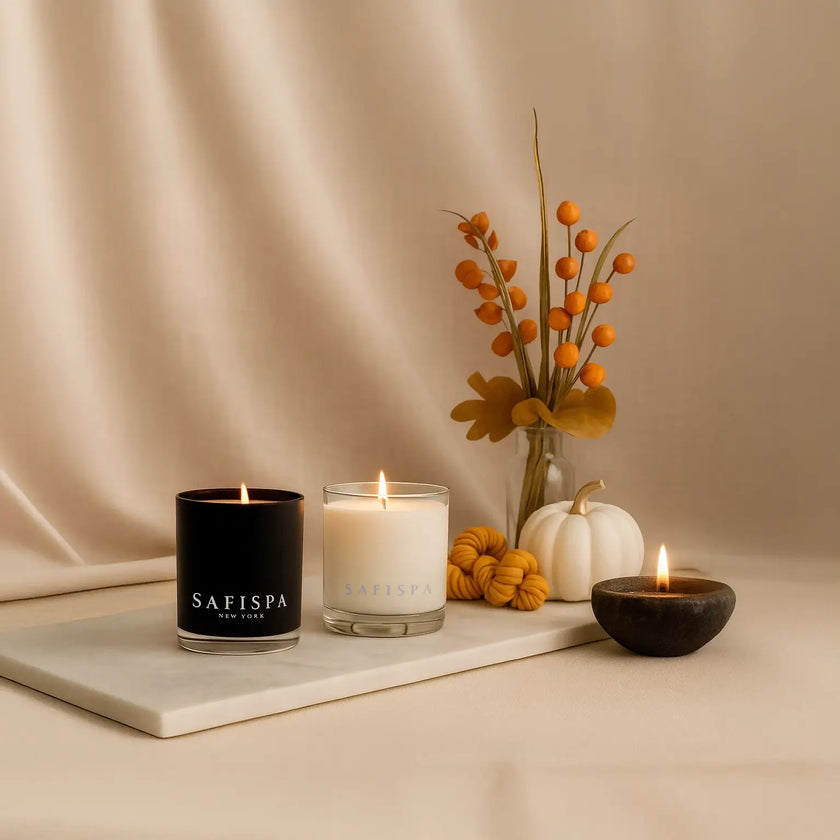 SaFiSpa luxury scented candles with autumn decor, hand-poured soy candles in black and white jars, perfect for cozy home fragrance and fall ambiance.