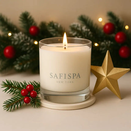 SaFiSpa luxury Christmas candle in glass jar with festive pine, red berries, and golden star holiday décor