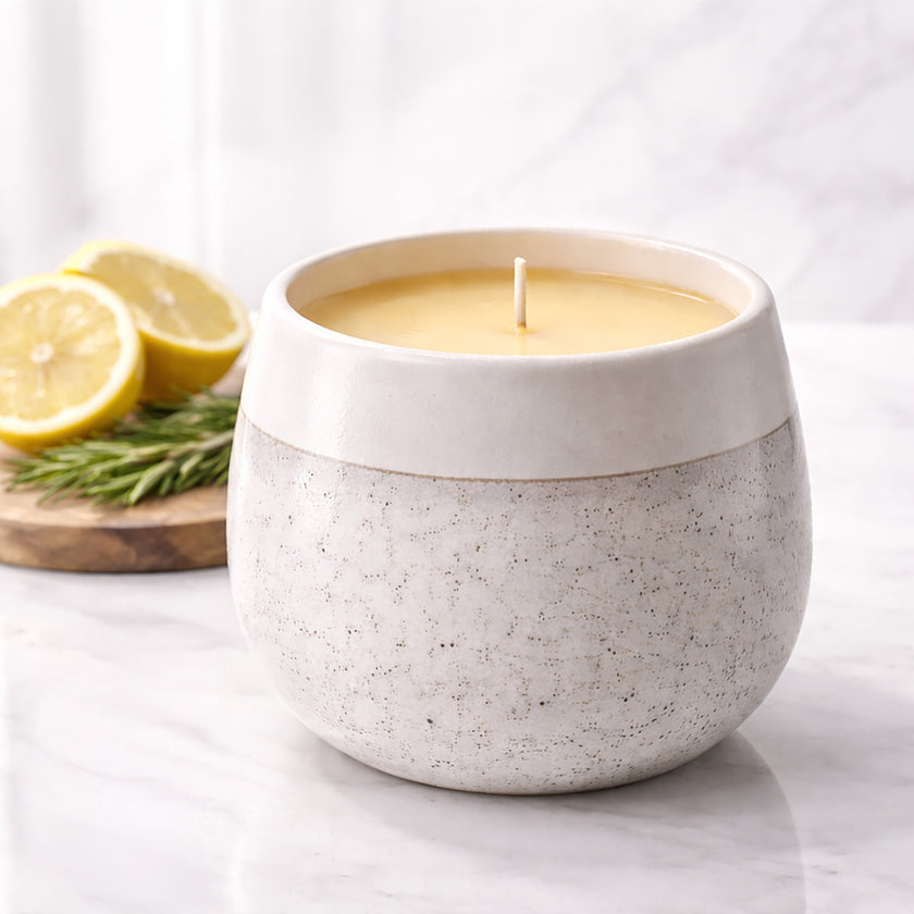 luxury citronella candle with single cotton wick on white background designed for outdoor mosquito repellent and long lasting home fragrance