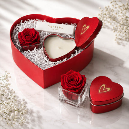 Luxury heart-shaped candle gift set featuring a preserved red rose, handcrafted soy candle and premium gift box by SaFiSpa New York. Elegant romantic gift for anniversaries, Valentine's Day, weddings and special occasions.