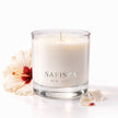 Luxury hibiscus scented soy candle by SaFiSpa New York with tropical hibiscus flower, clean white background, premium home fragrance and Caribbean-inspired aromatherapy decor