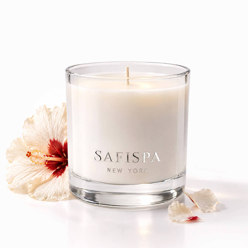 Luxury hibiscus scented soy candle by SaFiSpa New York with tropical hibiscus flower, clean white background, premium home fragrance and Caribbean-inspired aromatherapy decor