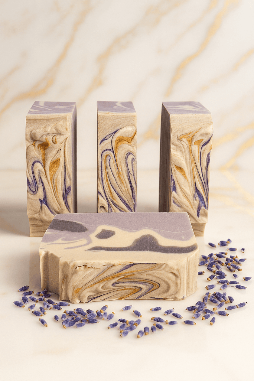 Luxury handcrafted Lavender Vanilla artisan soap bars with purple, gold, and cream swirls, made with natural moisturizing ingredients for soft, healthy skin, displayed on a white marble surface with scattered lavender buds.