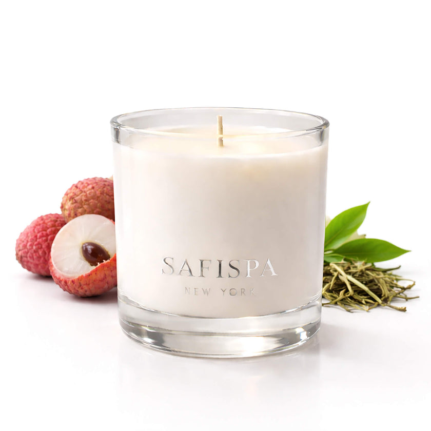 Fresh Lychee and White Tea candle by SaFiSpa New York luxury soy candle with sweet lychee fruit and delicate white tea fragrance