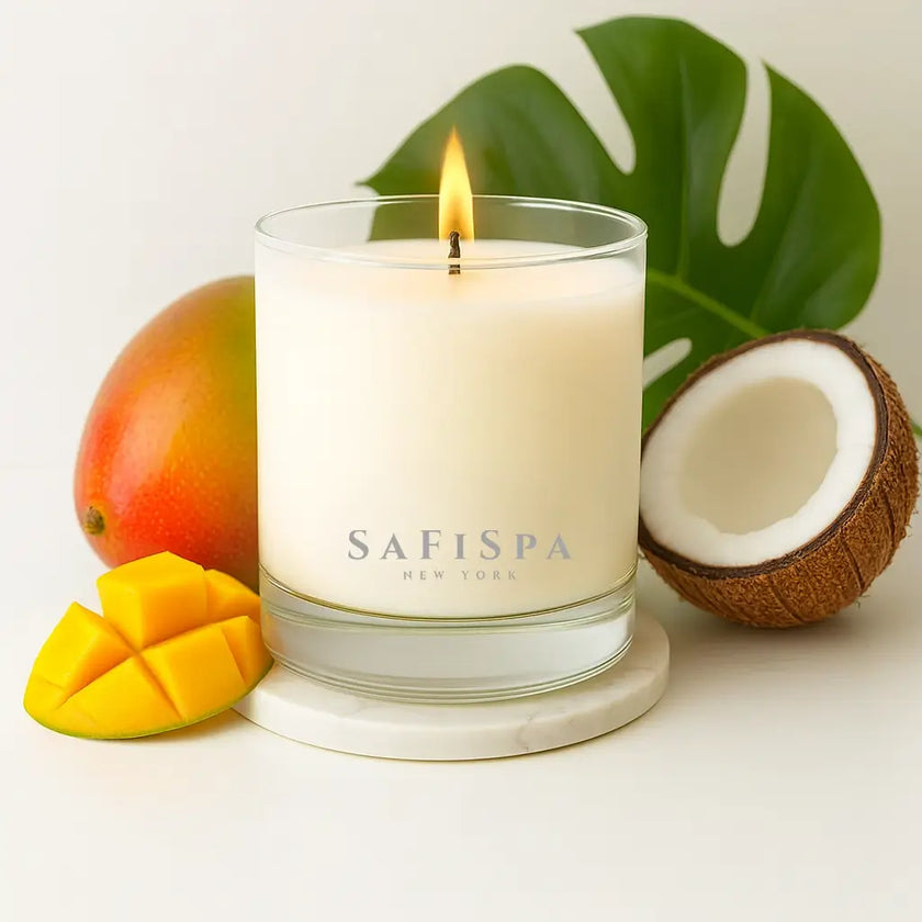 Mango Coconut Candle | Luxury Tropical Soy Candle. Meet our tropical mango coconut candle—a clean-burning, long-lasting tropical soy candle with ripe mango, creamy coconut milk, bright citrus and soft musk.