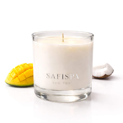 Mango Coconut scented candle by SaFiSpa New York tropical luxury soy candle with creamy coconut and ripe mango fragrance for a warm island-inspired home scent