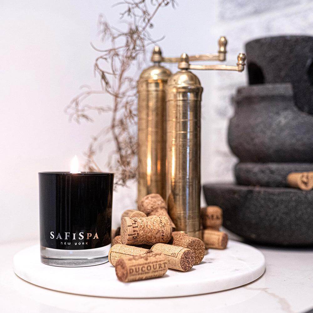 Unwind with Safispa: Handcrafted sandalwood candle with natural essential oils, perfect for creating a calming and grounding atmosphere