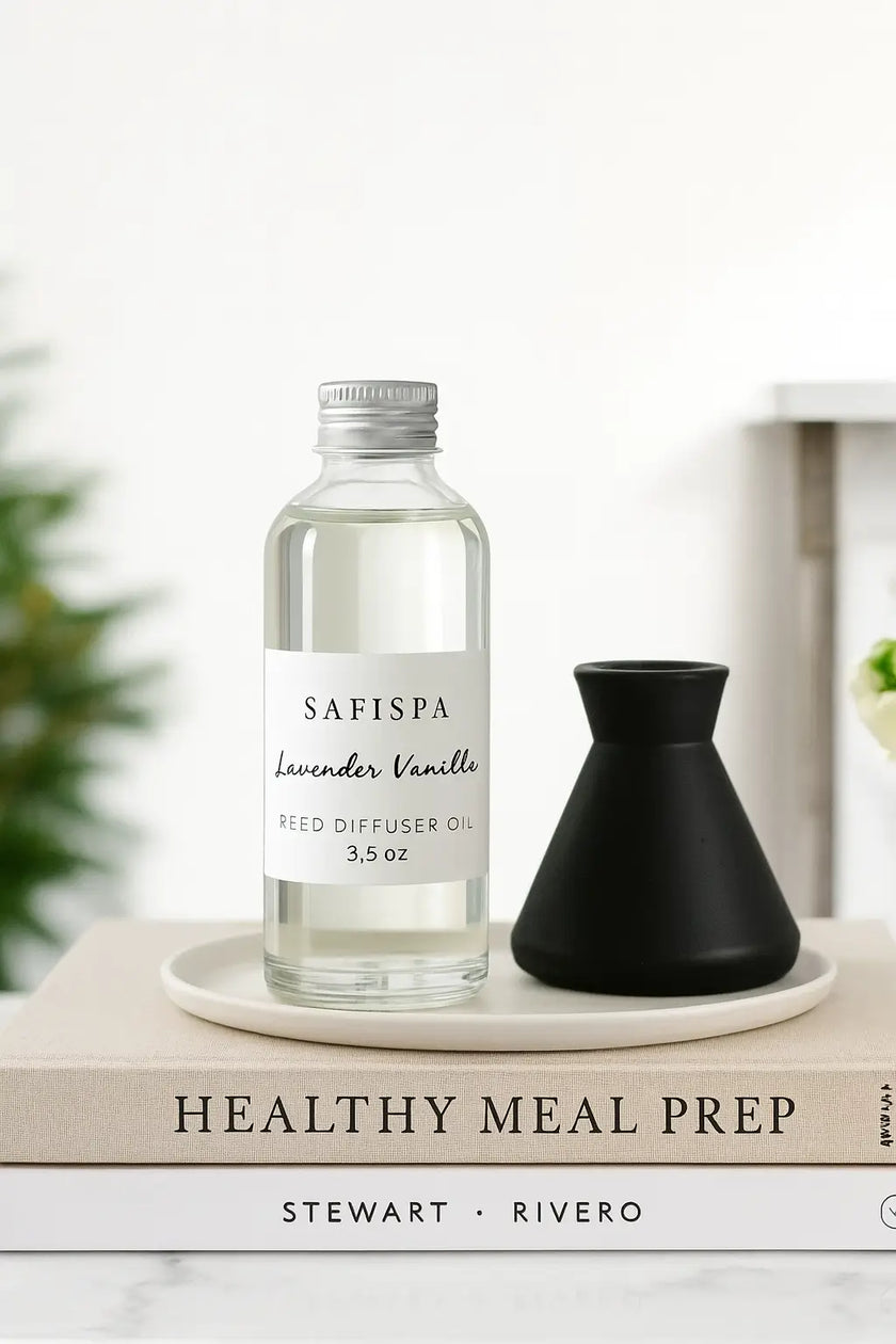 Safispa lavender vanilla diffuser oil bottle on a book with 'Healthy Meal Prep' text