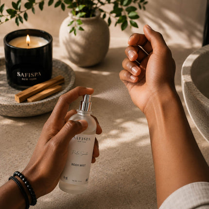 Adult applying SaFiSpa Palo Santo Body Mist to the wrist in a luxury spa-inspired setting with a lit candle, showcasing a unisex woody body spray for everyday self-care, refreshing fragrance, and clean modern grooming.