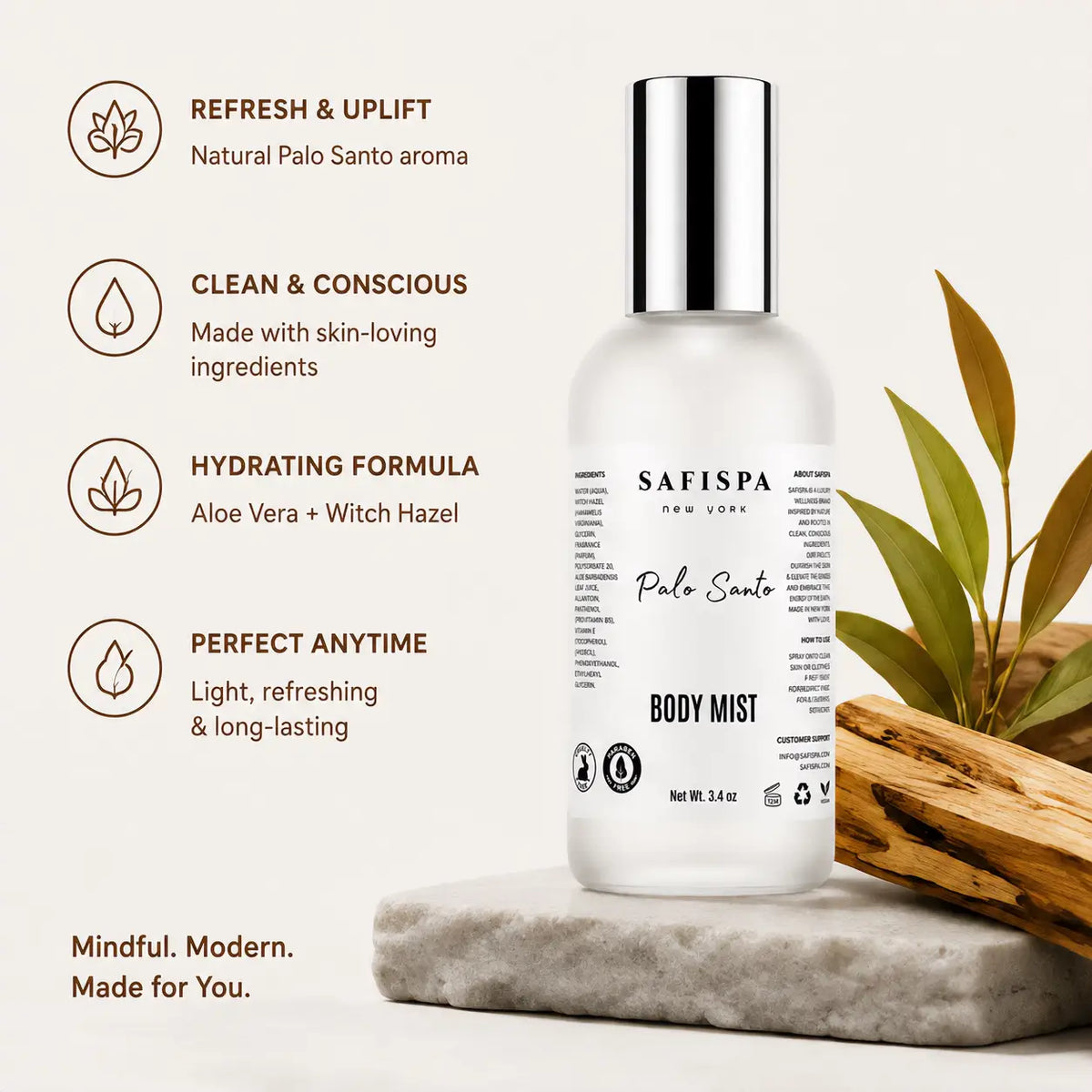 SaFiSpa Palo Santo body mist with aloe vera and witch hazel, a light refreshing body spray for everyday fragranc