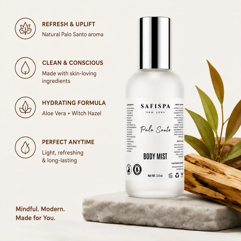 SaFiSpa Palo Santo body mist with aloe vera and witch hazel, a light refreshing body spray for everyday fragranc