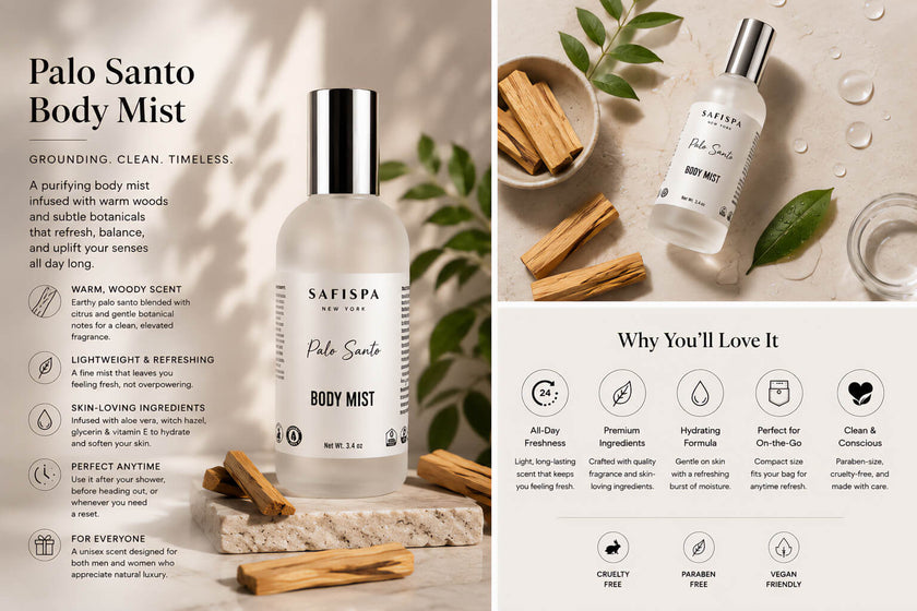 purifying body mist infused with warm woods and subttle botanicals that refresh for man and women, uplist your senses