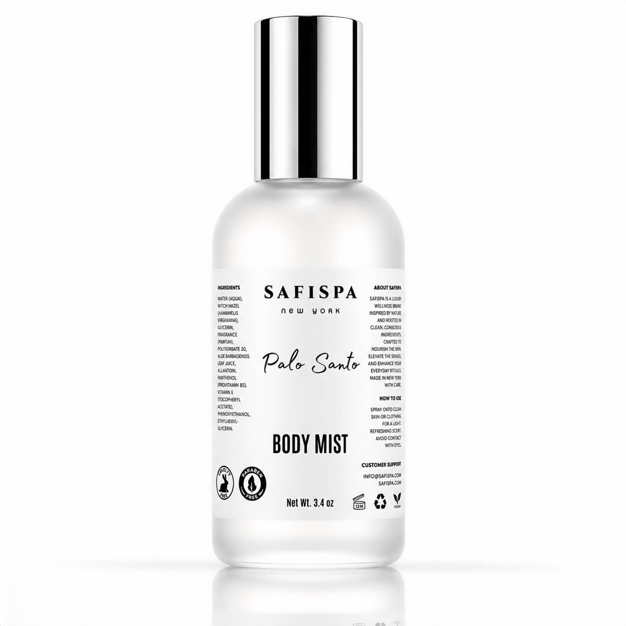 A warm, grounding unisex body mist for women and men, crafted with a refined Palo Santo-inspired fragrance, soft woods, clean musk and skin-conditioning ingredients