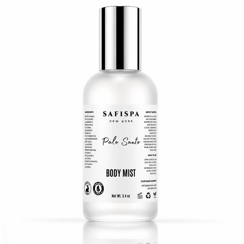 A warm, grounding unisex body mist for women and men, crafted with a refined Palo Santo-inspired fragrance, soft woods, clean musk and skin-conditioning ingredients