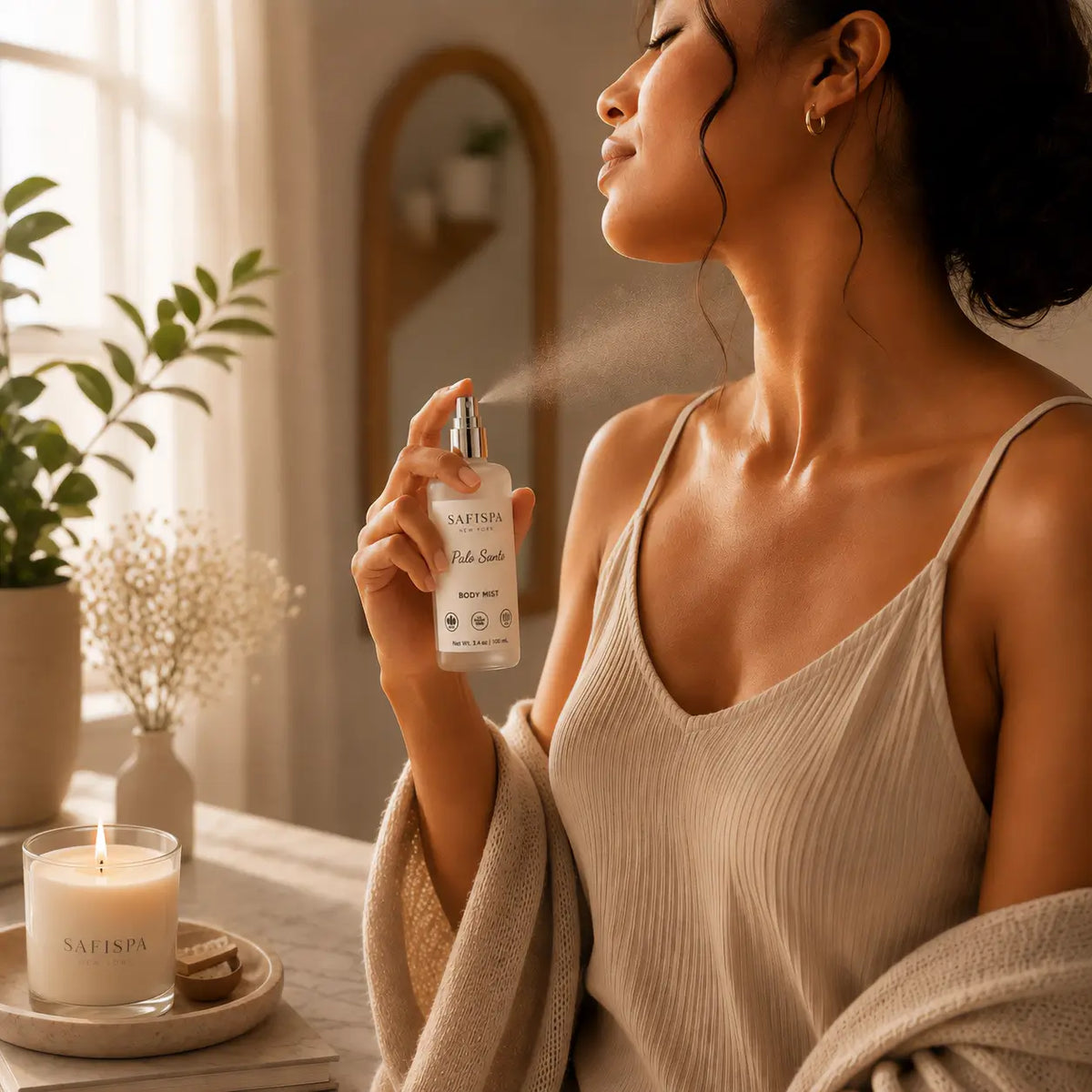SaFiSpa Palo Santo Body Mist for women, a refreshing body fragrance spray shown in a warm self-care routine.