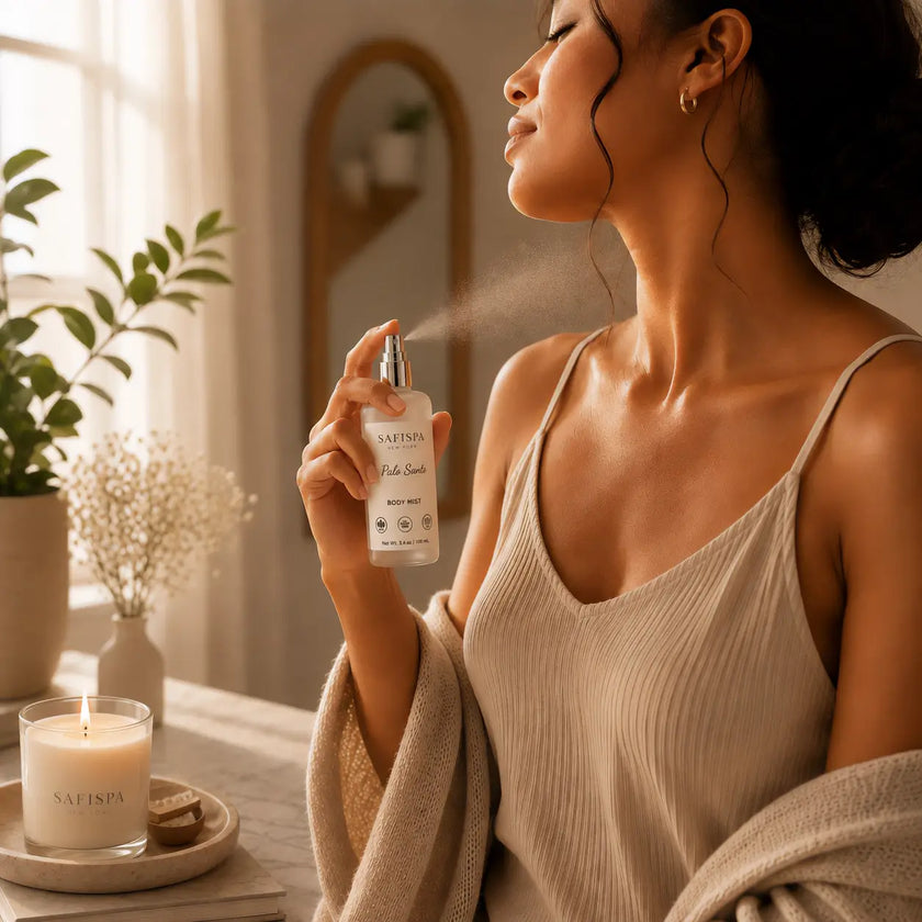 SaFiSpa Palo Santo Body Mist for women, a refreshing body fragrance spray shown in a warm self-care routine.