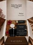 SaFiSpa Passion Spice candle luxury gift set with scented soy candle, silver lid, matches, cinnamon and tropical flowers.
