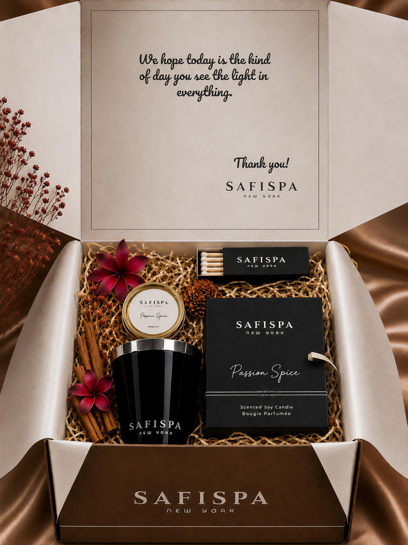 SaFiSpa Passion Spice candle luxury gift set with scented soy candle, silver lid, matches, cinnamon and tropical flowers.