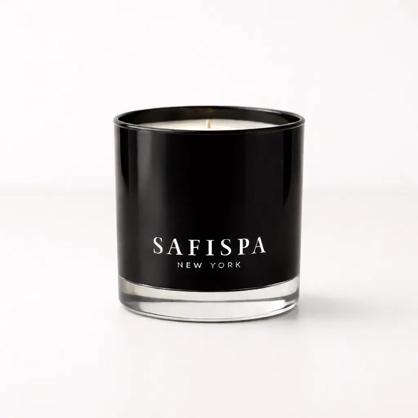 Luxury passion fruit candle in black glass jar, bright tropical fragrance with juicy citrus and exotic fruit notes, clean-burning soy wax for a vibrant summer home ambiance.