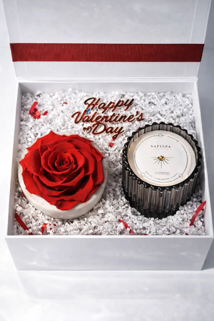 SaFiSpa premium Valentine candle gift box with burgundy ribbon