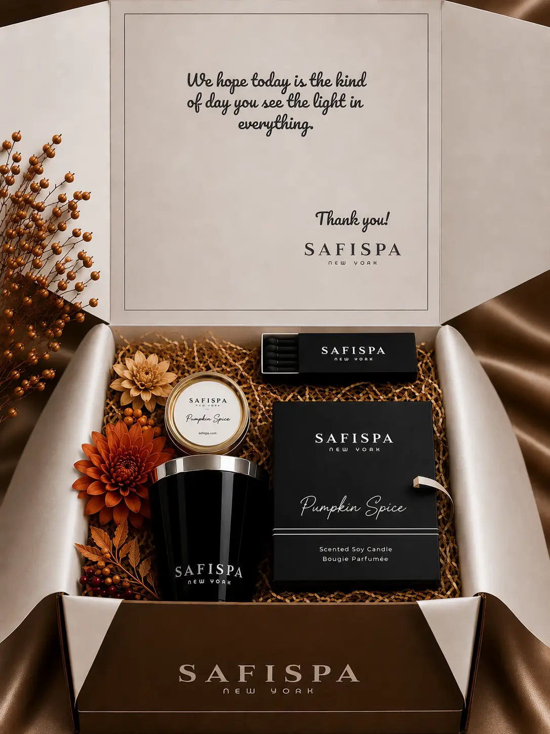 SaFiSpa Pumpkin Spice scented soy candle in luxury gift box with silver lid, black matches and fall flowers