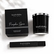 SaFiSpa Pumpkin Spice scented soy candle with silver lid, luxury black gift box and matches