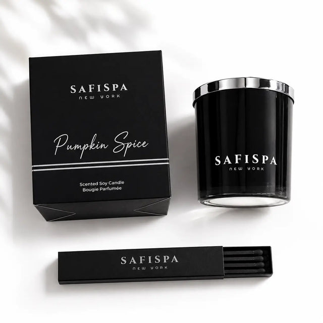 SaFiSpa Pumpkin Spice scented soy candle with silver lid, luxury black gift box and matches