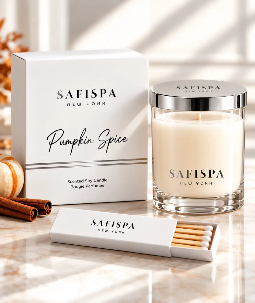 SaFiSpa New York Pumpkin Spice scented soy candle in a clear glass jar with silver lid, displayed beside its luxury white gift box, cinnamon sticks and matches
