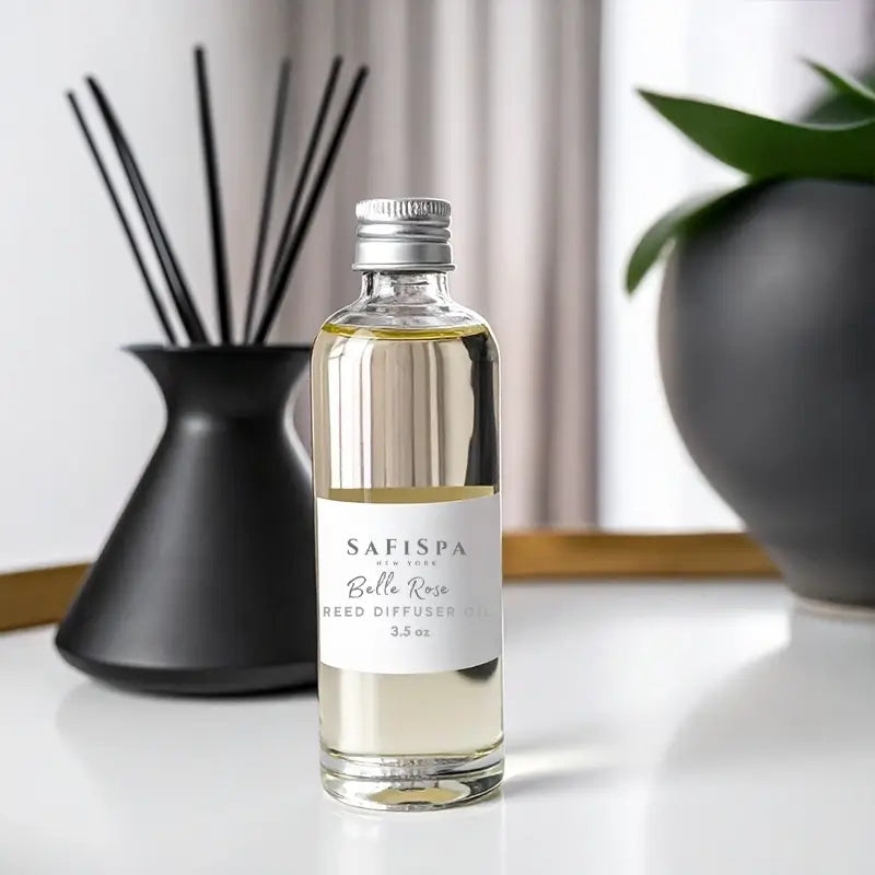 Luxury oil reed diffuser with calming essential oils and natural reeds for home ambiance.