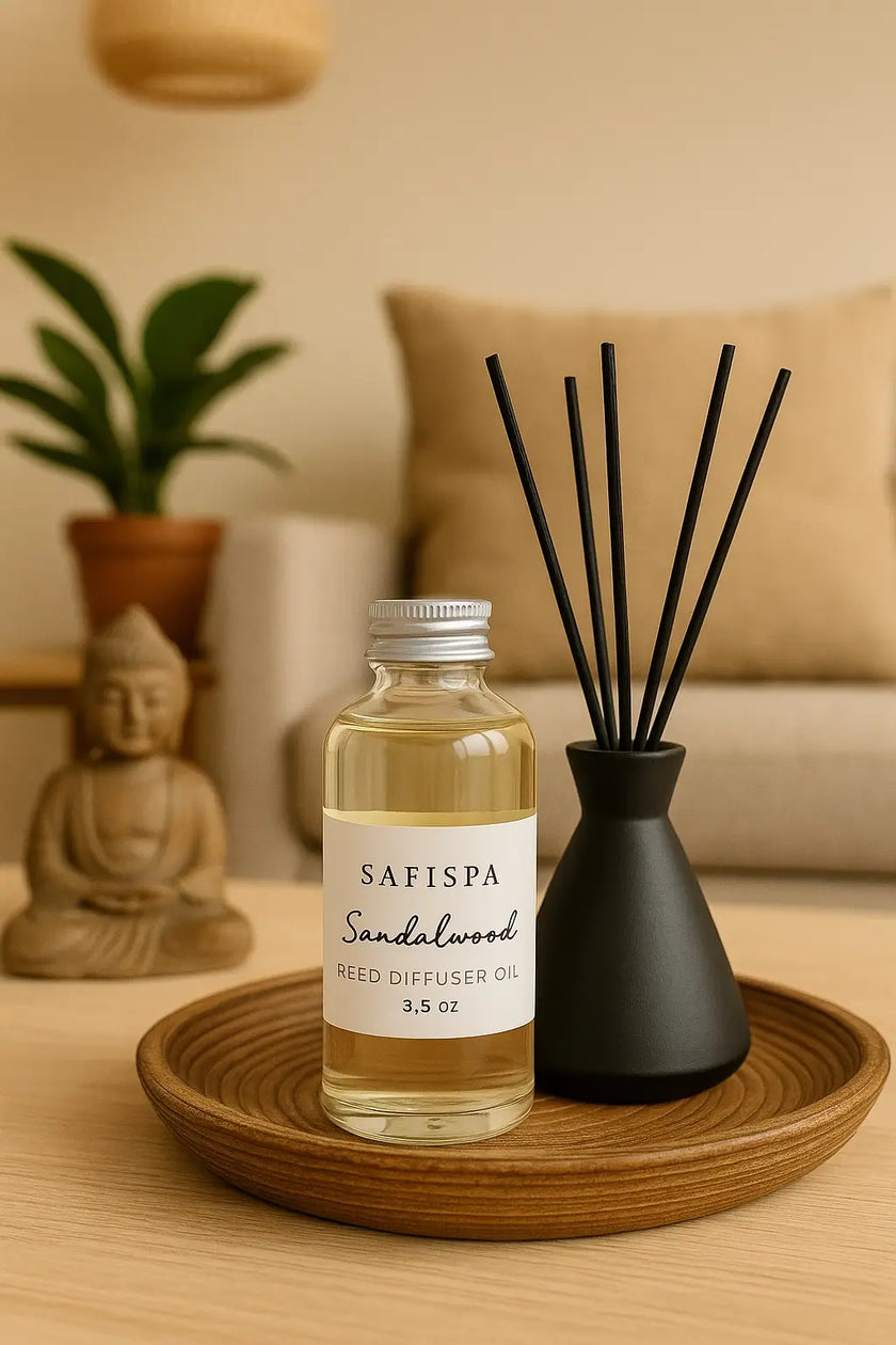 Sandalwood reed diffuser oil styled in a warm, minimalist living room for meditation and focus