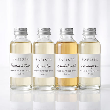 SaFiSpa luxury reed diffuser oil set with freesia and pear lavender sandalwood and lemongrass scents for long lasting home fragrance