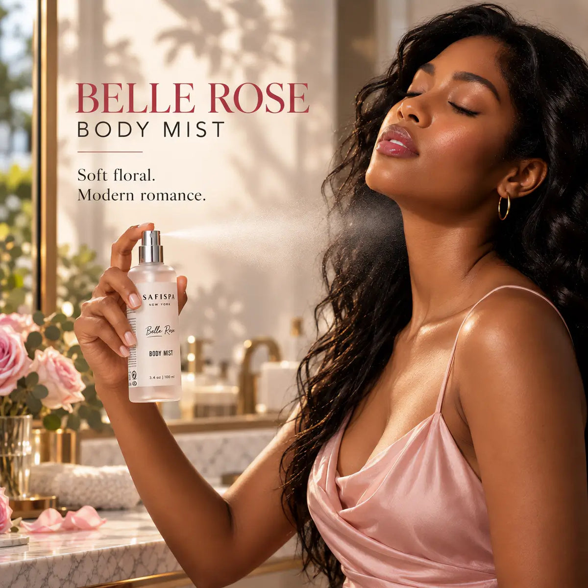 Woman applying SaFiSpa Belle Rose body mist, a soft floral rose body spray for women