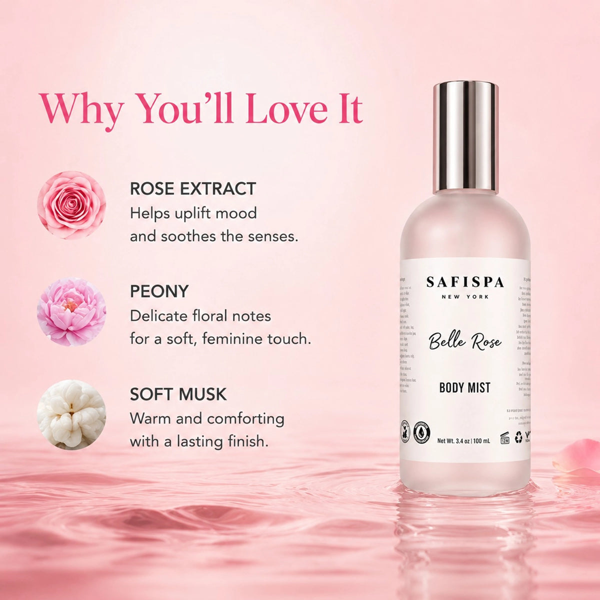 SaFiSpa Belle Rose Body Mist with rose, peony and soft musk fragrance notes