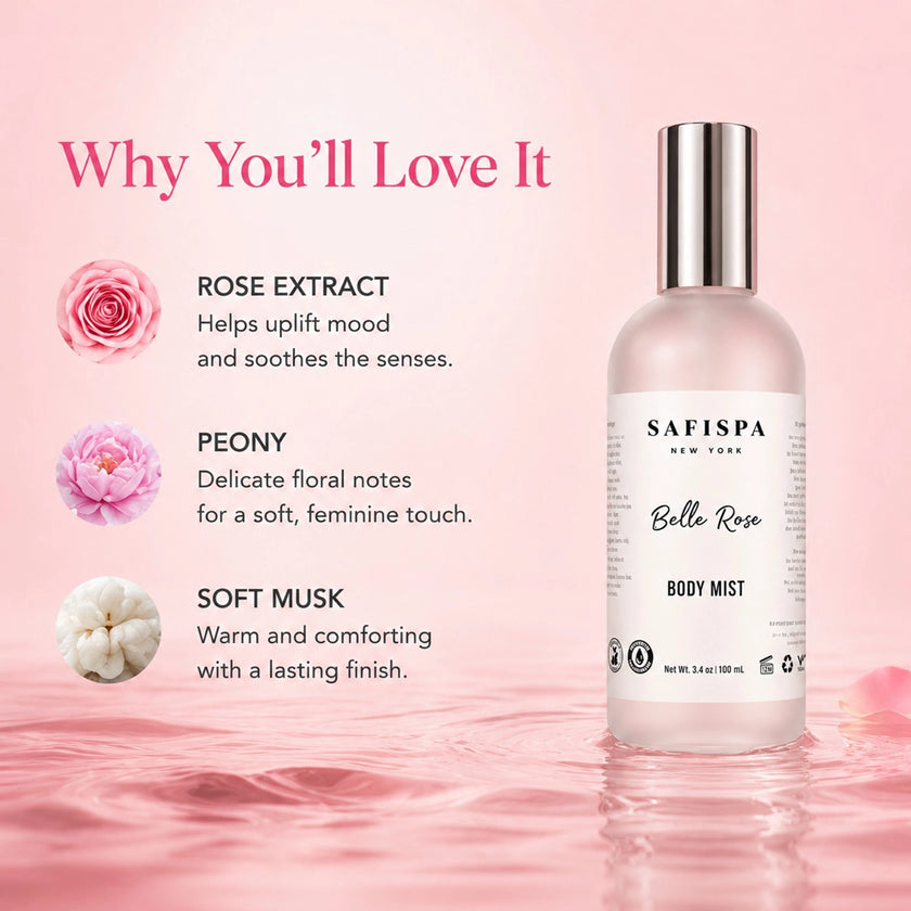 SaFiSpa Belle Rose Body Mist with rose, peony and soft musk fragrance notes