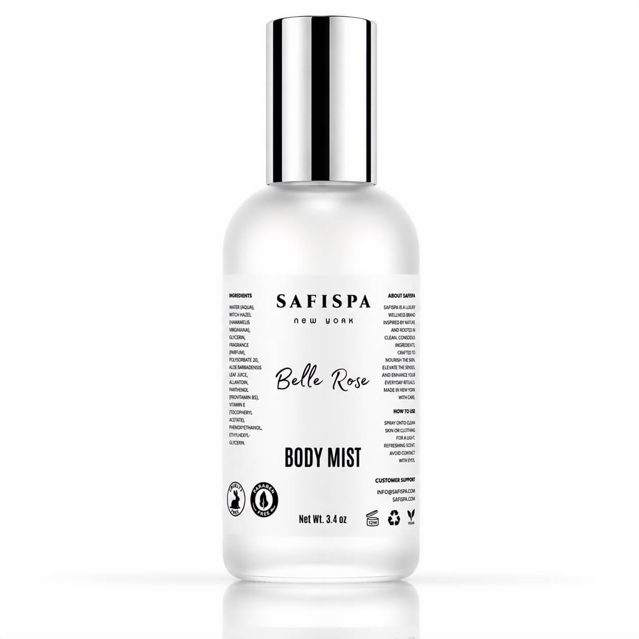 SaFiSpa Belle Rose Body Mist luxury rose body spray for women in frosted glass bottle with chrome cap, floral fragrance, clean beauty body mist and everyday perfume spray