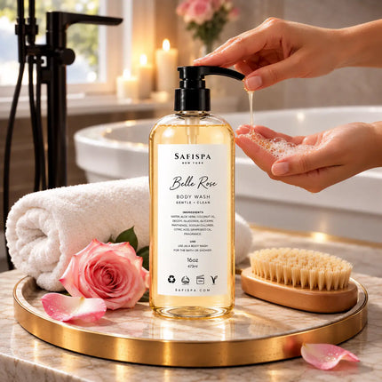 best rose body wash Hand pressing pump of SaFiSpa Belle Rose luxury hand and body wash during spa skincare ritual