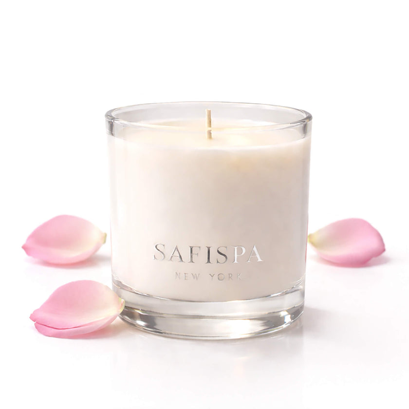 Belle Rose candle by SaFiSpa New York luxury rose scented soy candle with soft floral fragrance inspired by fresh blooming roses