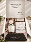 SaFiSpa Belle Rose candle gift with rose scented candle, white fragrance box, silver lid, matchbox and luxury gift box with silver ribbon