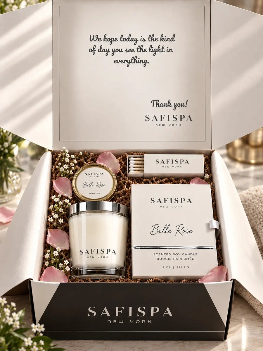 SaFiSpa Belle Rose candle gift with rose scented candle, white fragrance box, silver lid, matchbox and luxury gift box with silver ribbon