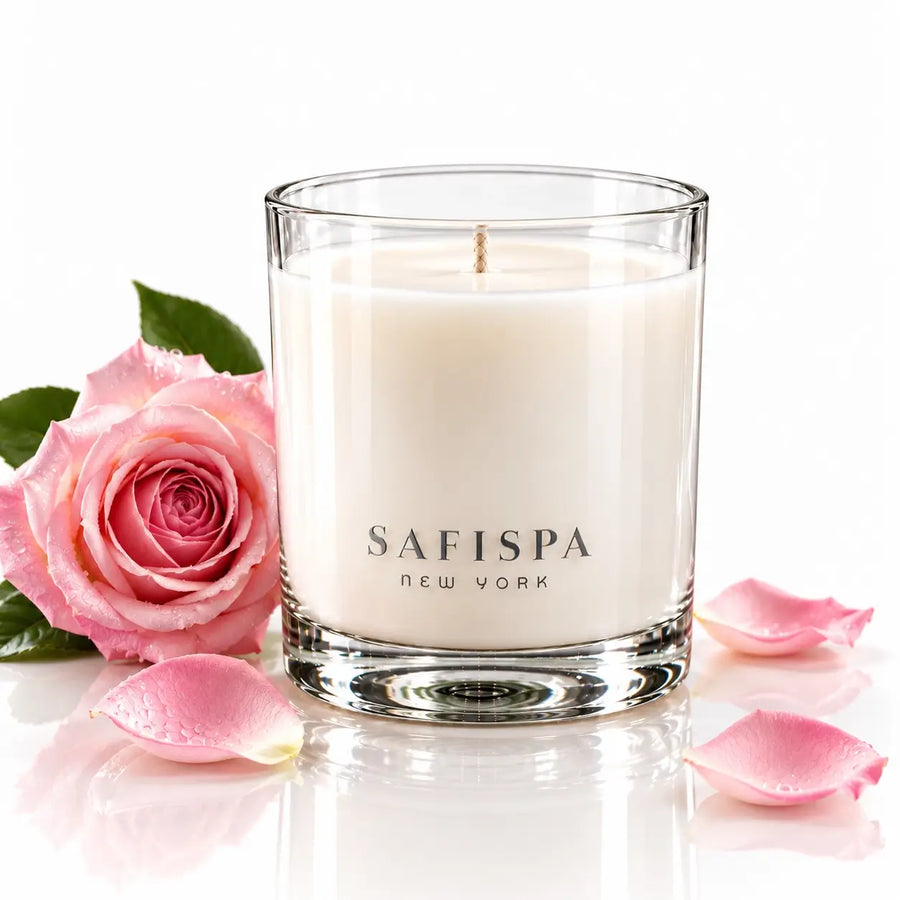 SaFiSpa Belle Rose luxury rose candle in a clear glass vessel with a pink rose and silver lid on an elegant white background.