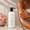 Rose Hand & Body Moisturizing Lotion shown during an everyday skincare routine as lotion is applied to glowing, moisturized skin. Luxury floral body lotion handcrafted in New York with nourishing plant-based ingredients for long-lasting hydration.