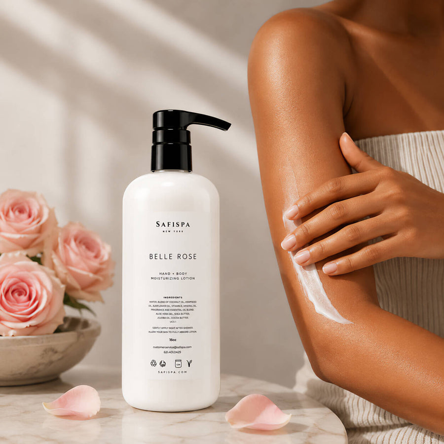 Rose Hand & Body Moisturizing Lotion shown during an everyday skincare routine as lotion is applied to glowing, moisturized skin. Luxury floral body lotion handcrafted in New York with nourishing plant-based ingredients for long-lasting hydration.