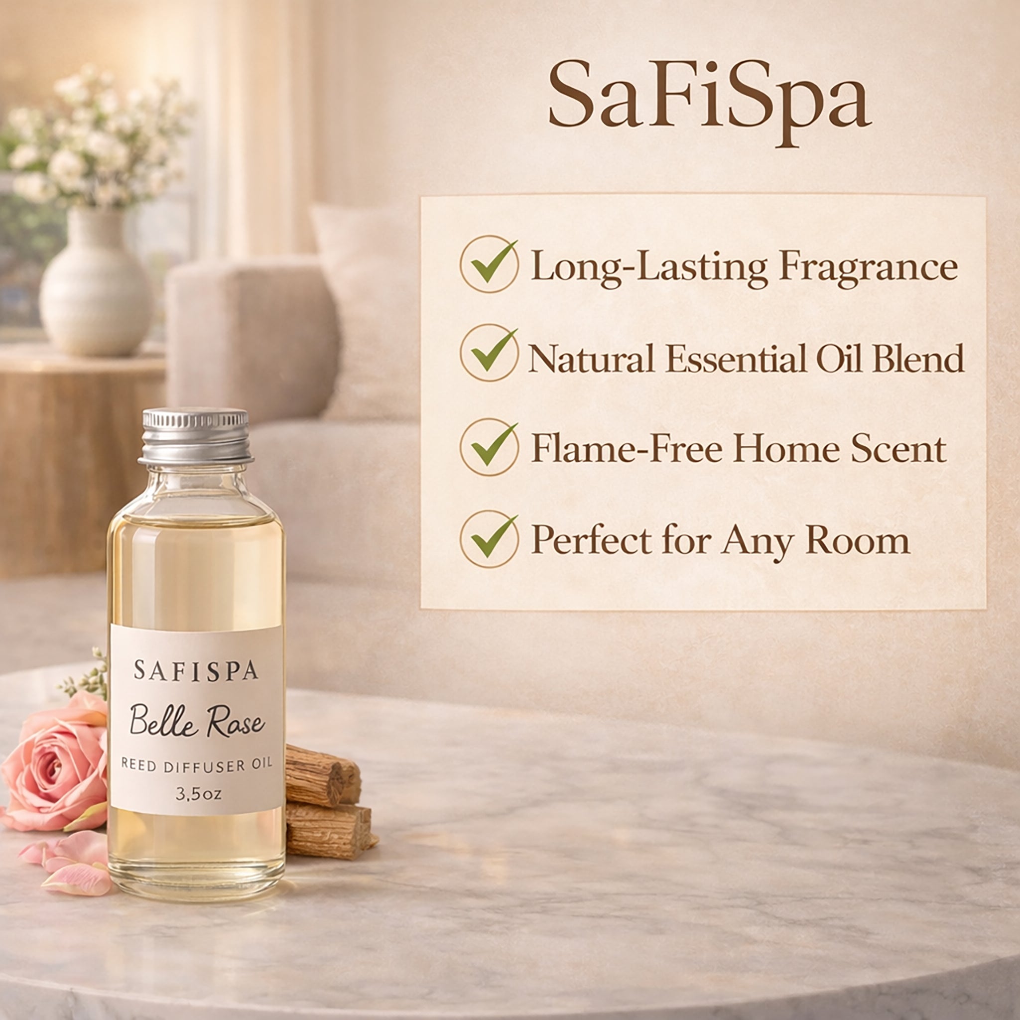 SaFiSpa Belle Rose reed diffuser oil with long lasting fragrance natural essential oil blend flame free home scent and luxury aromatherapy benefits