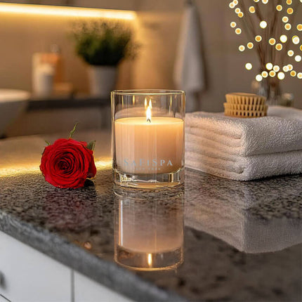 Lit Belle Rose candle emitting warm glow, filling room with relaxing rose and mint scent