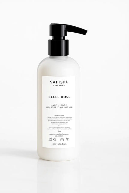 SaFiSpa Belle Rose hand and body moisturizing lotion with shea butter and aloe vera, hydrating rose body lotion for dry and sensitive skin