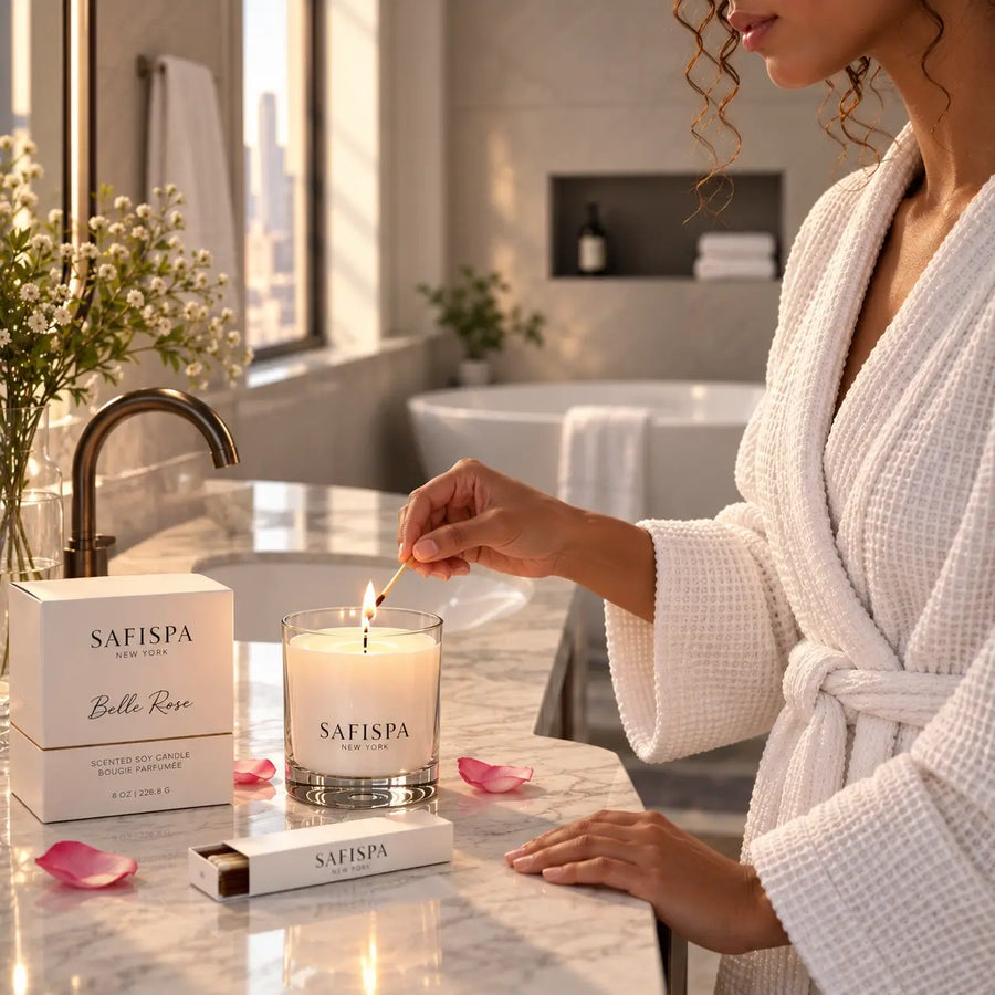 Woman lighting a SaFiSpa Belle Rose scented candle beside a pink rose in an elegant luxury home setting